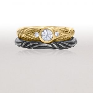Gold ALTERNATING LEAF Ring with Thin Black LEAF CIRCLET Ring