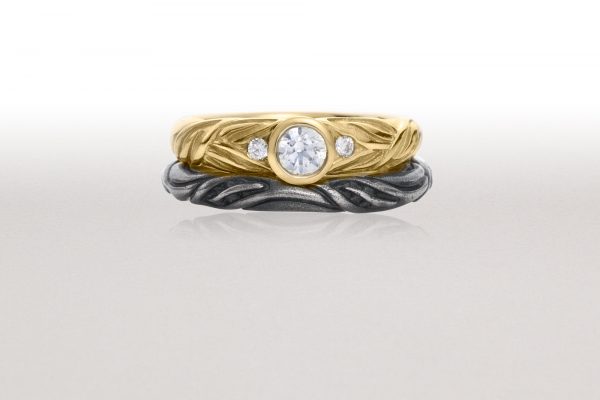 Gold ALTERNATING LEAF Ring with Thin Black LEAF CIRCLET Ring