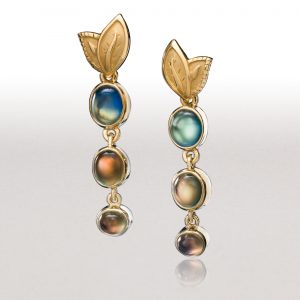 Small DOUBLE LEAF Rainbow Moonstone Earrings