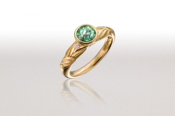 Thin ALTERNATING LEAF Ring with Tourmaline & Diamonds