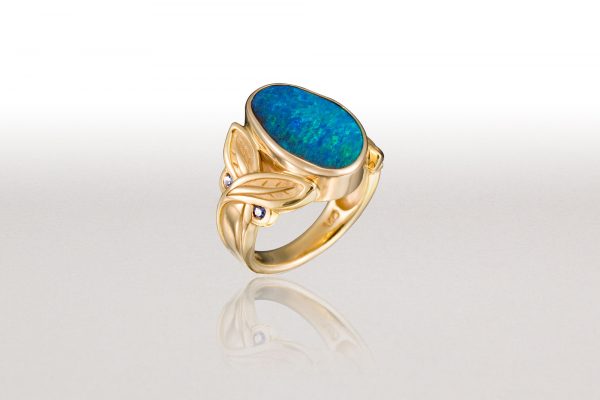 Large CROSSED LEAF Ring with Boulder Opal & Sapphires