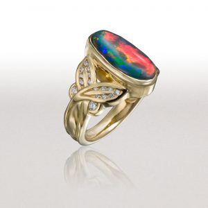 Small CROSSED LEAF Ring with Black Opal & Diamonds