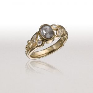 Small LEAF & FERN Ring with Grey Diamond